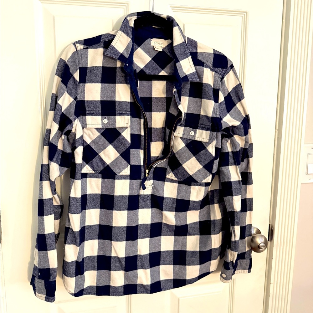 JCrew Factory Navy and White Buffalo Plaid Flannel 3/4 Zip Shirt